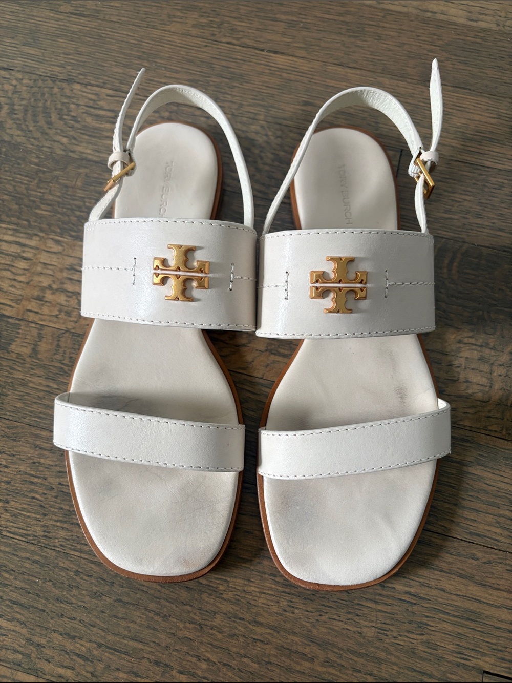 Tory Burch Cream Leather Two-Strap Slingback Sandals with Gold Logo